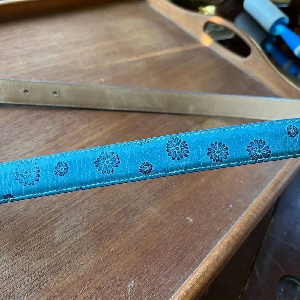Brighton Blue Floral Tooled Leather Belt Charm Western Boho Y2K ML 32